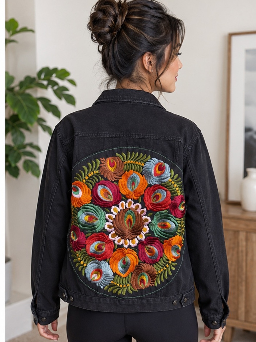 Black Denim Jacket with Colorful Embroidered Back - Picture 4 of 15